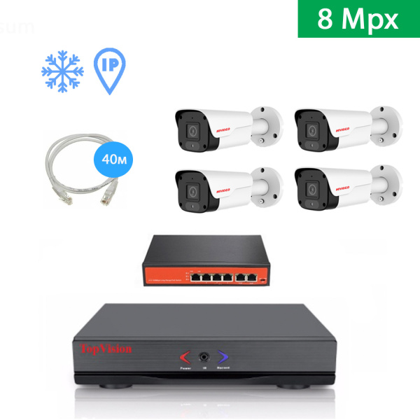 IP Комплект видеонаблюдения HIVIDEO на 4 уличные камеры 8mpx